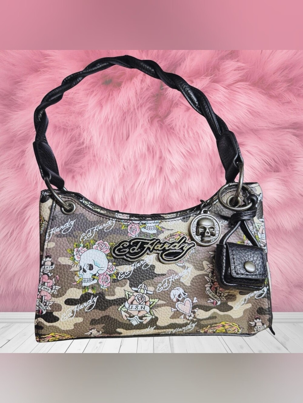 🌸Entry Only🌸 Ed Hardy Camo Print Shoulder Bag with Black Braided Handle